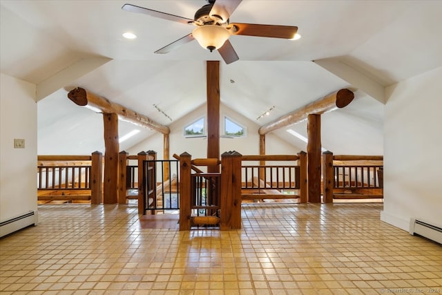 bonus room featuring baseboard heating, light tile patterned floors, lofted ceiling with beams, and ceiling fan