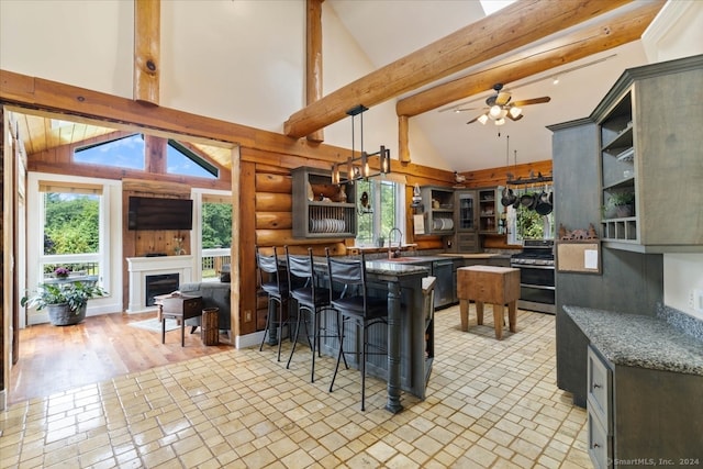 kitchen with a healthy amount of sunlight, a kitchen breakfast bar, stove, and ceiling fan