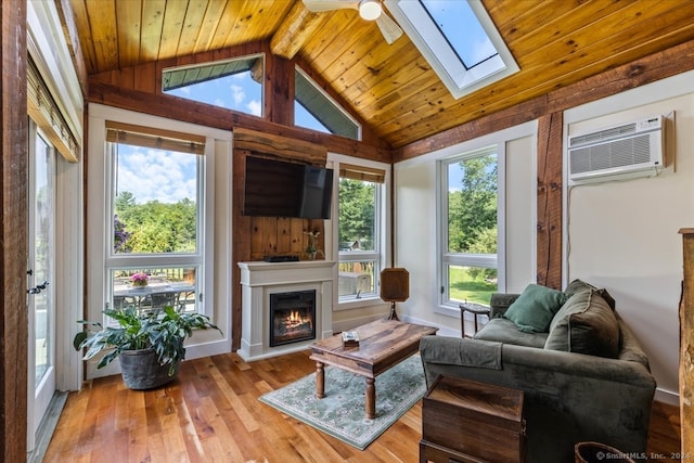 living room with wood ceiling, lofted ceiling with skylight, ceiling fan, and wood-type flooring