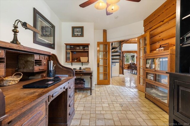 584 Prospect St, Woodstock, CT 06281 - kitchen featuring butcher block counters, ceiling fan, and french doors