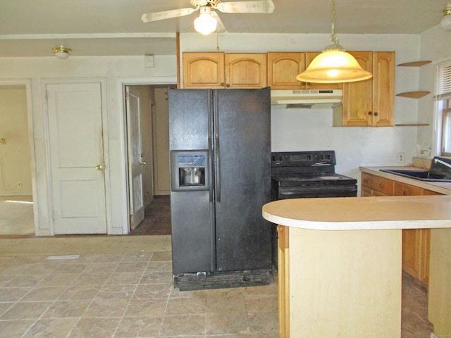 kitchen featuring ceiling fan, light brown cabinets, sink, pendant lighting, and black appliances