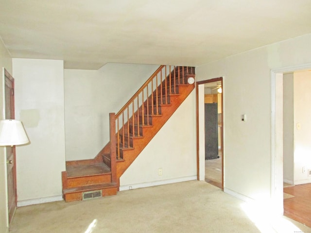 stairway featuring carpet flooring and ceiling fan