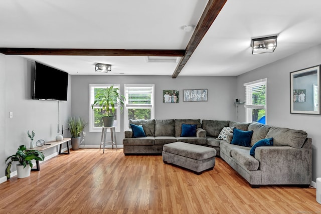 207 Jepson Ln, Meriden, CT 06451 - living area featuring light wood-style floors, beamed ceiling, healthy amount of natural light, and baseboards
