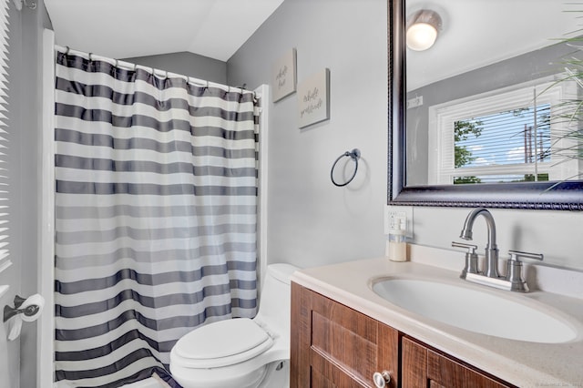 207 Jepson Ln, Meriden, CT 06451 - bathroom with toilet, vanity, vaulted ceiling, and a shower with curtain