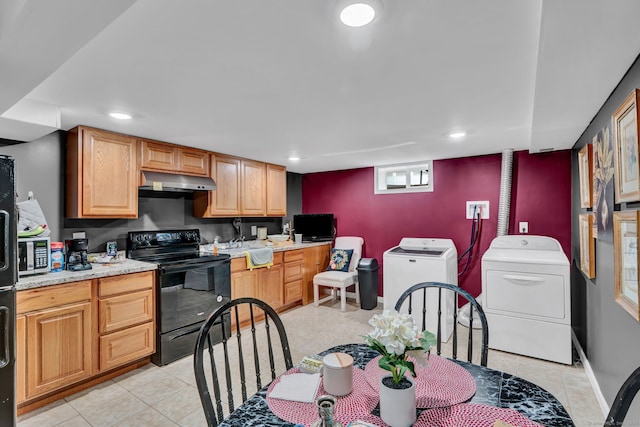 207 Jepson Ln, Meriden, CT 06451 - kitchen featuring black / electric stove, under cabinet range hood, recessed lighting, washer and clothes dryer, and light tile patterned floors