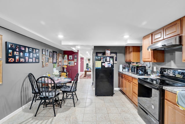207 Jepson Ln, Meriden, CT 06451 - kitchen with black appliances, under cabinet range hood, light countertops, baseboards, and recessed lighting