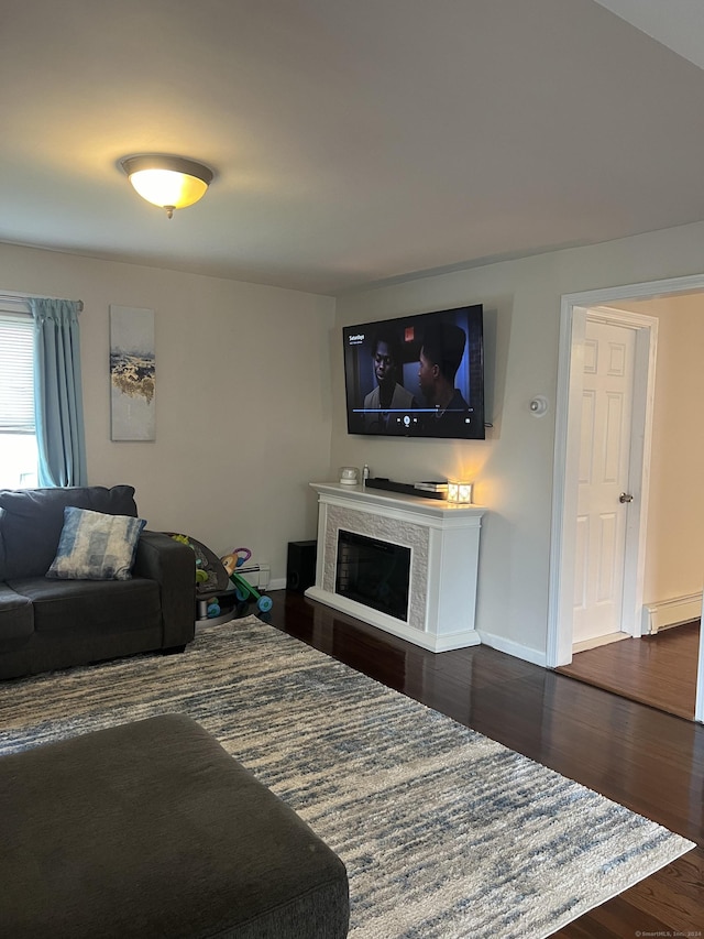 bedroom featuring a baseboard radiator and dark hardwood / wood-style flooring