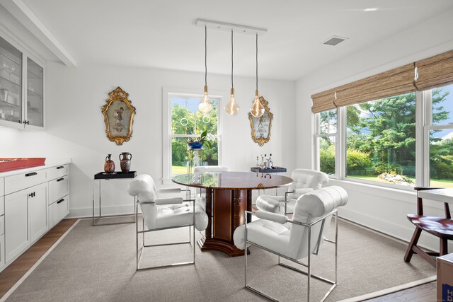 dining area with wood-type flooring and plenty of natural light