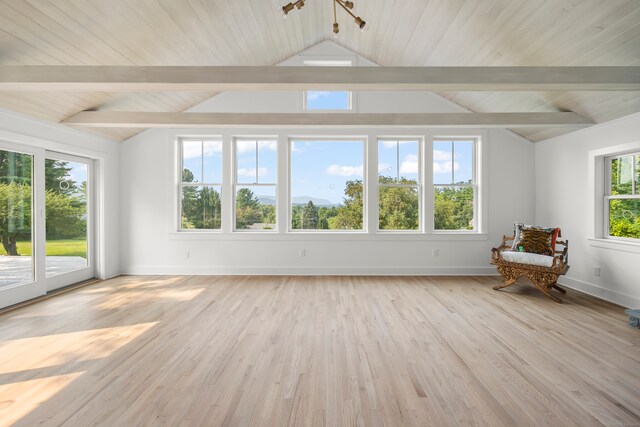 unfurnished room featuring lofted ceiling with beams and light hardwood / wood-style flooring