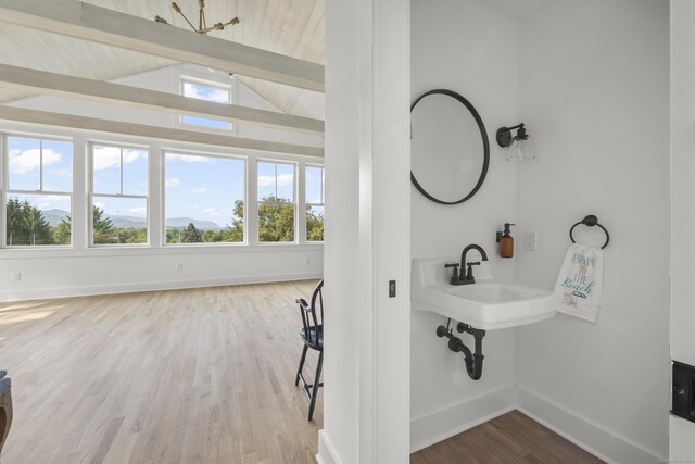 bathroom featuring lofted ceiling with beams, sink, and hardwood / wood-style flooring