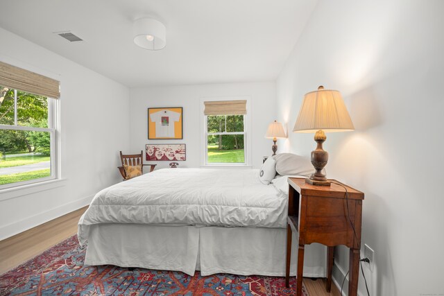 bedroom featuring multiple windows and hardwood / wood-style floors