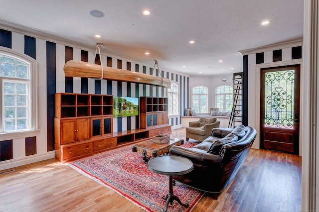 living room featuring a wealth of natural light and wood-type flooring