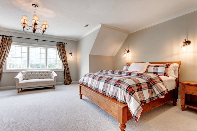 bedroom with lofted ceiling, crown molding, a notable chandelier, and light colored carpet