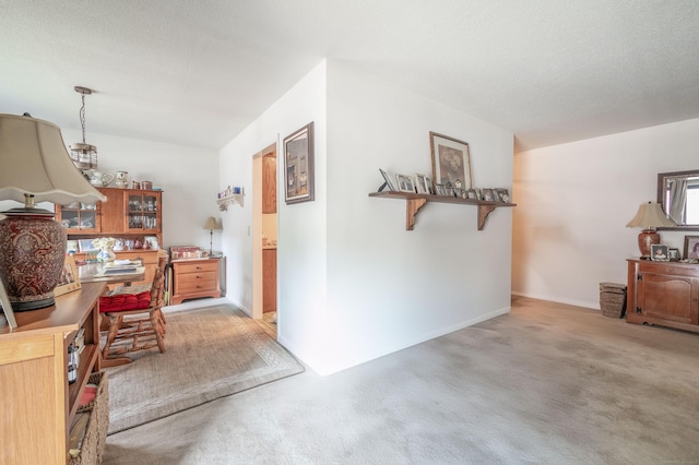 hall featuring light carpet and a textured ceiling