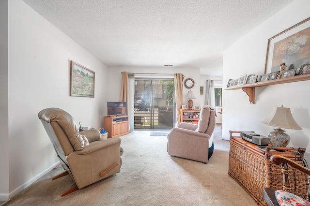 living room with light colored carpet and a textured ceiling