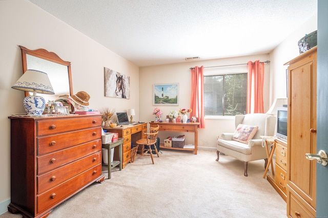 carpeted home office with a textured ceiling