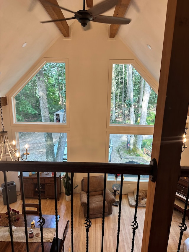 130 Valley Rd, North Branford, CT 06471 - details featuring wood finished floors, ceiling fan with notable chandelier, and beam ceiling