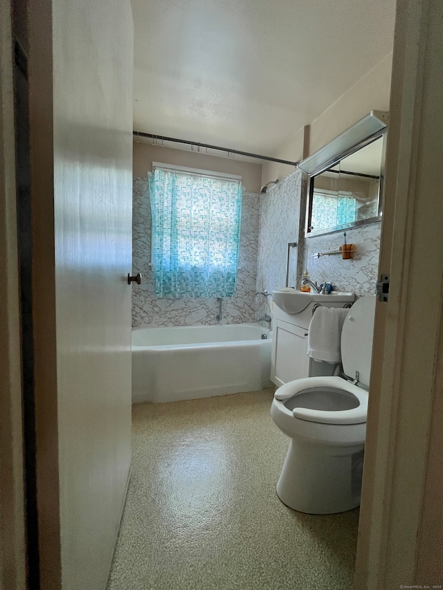 full bathroom featuring shower / bathtub combination, vanity, and toilet