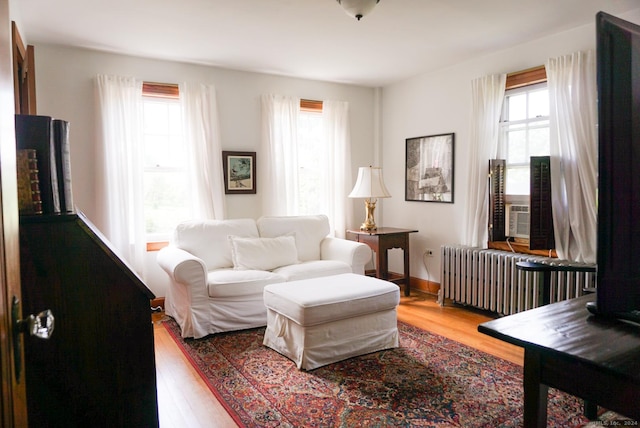 living room with radiator heating unit and wood-type flooring