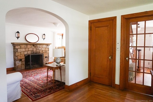 interior space featuring hardwood / wood-style floors and a fireplace