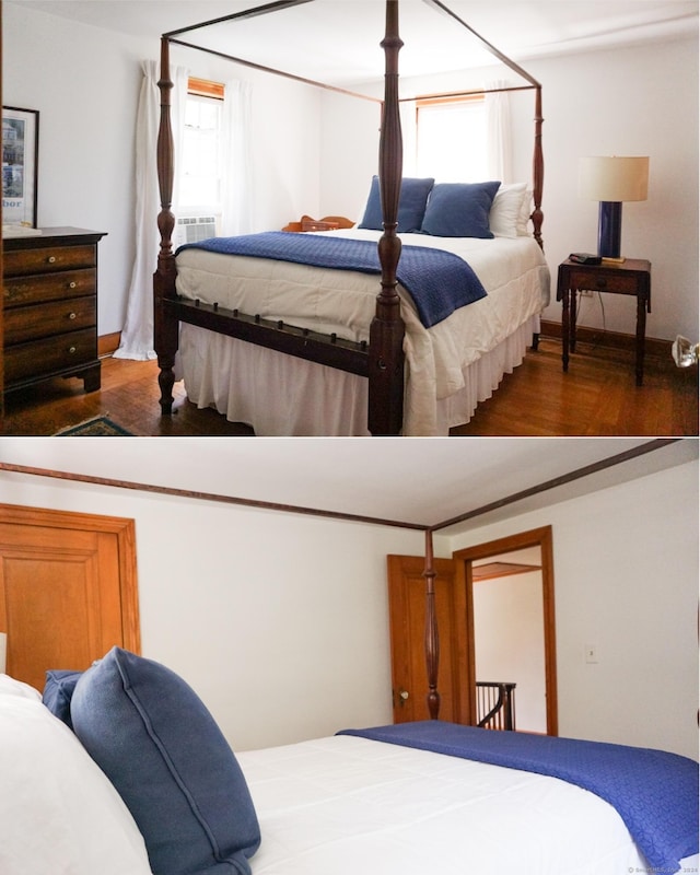 bedroom featuring cooling unit and dark hardwood / wood-style floors