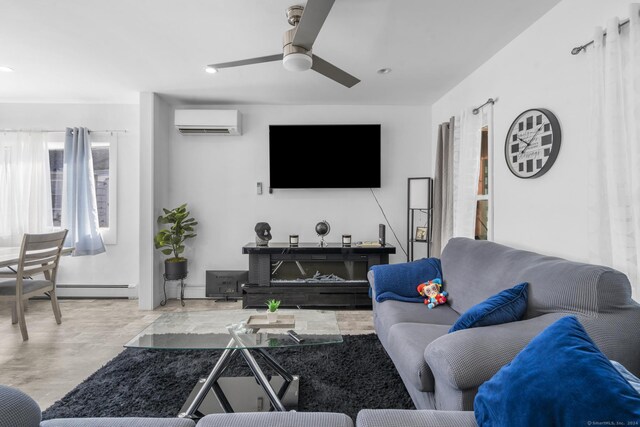 living room with light wood-type flooring, a wall unit AC, ceiling fan, and baseboard heating