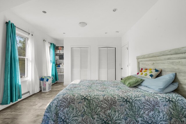 bedroom with hardwood / wood-style floors and two closets