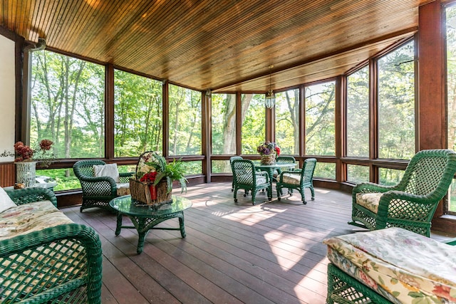 sunroom / solarium with wooden ceiling and a healthy amount of sunlight