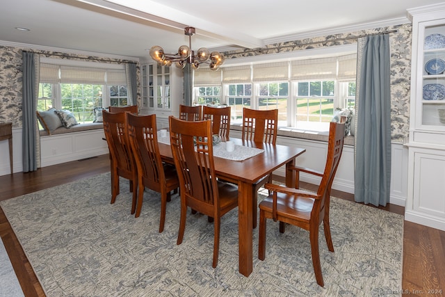 dining space with a wealth of natural light, dark hardwood / wood-style floors, a chandelier, and ornamental molding