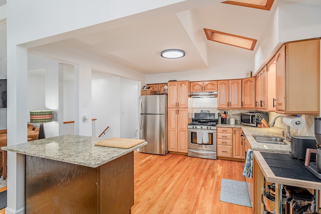 kitchen featuring tasteful backsplash, light wood-type flooring, sink, light stone countertops, and appliances with stainless steel finishes