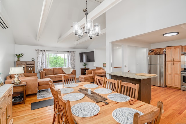 dining area with a notable chandelier, a wall mounted air conditioner, beam ceiling, and light wood-type flooring