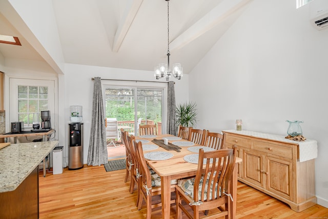 dining area featuring beam ceiling, light hardwood / wood-style flooring, a chandelier, a wall unit AC, and high vaulted ceiling