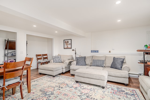 living room featuring a baseboard radiator and hardwood / wood-style flooring