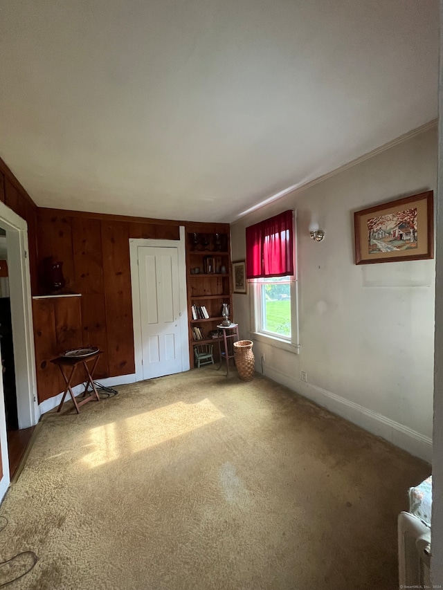 unfurnished living room with wood walls and carpet flooring