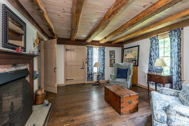 sitting room with beam ceiling, dark hardwood / wood-style flooring, and wooden ceiling