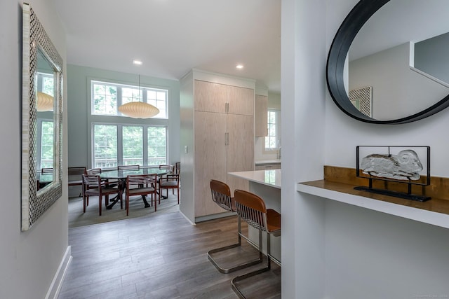 dining area featuring recessed lighting and wood finished floors