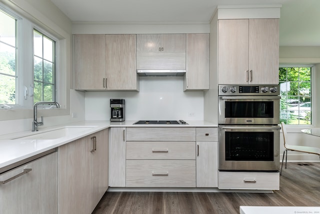 kitchen with dark wood-type flooring, stainless steel double oven, light brown cabinetry, and a wealth of natural light