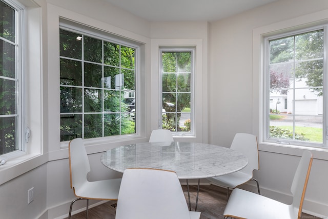 dining room featuring breakfast area, a healthy amount of sunlight, and hardwood / wood-style flooring