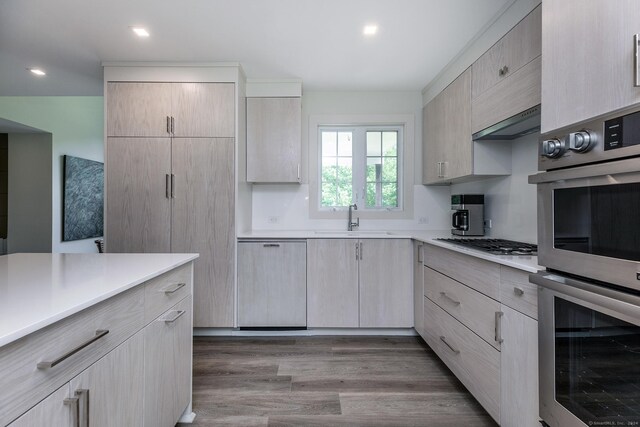 kitchen with stainless steel appliances, sink, wood-type flooring, and light brown cabinetry