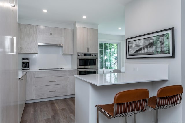 kitchen with stainless steel double oven, a kitchen breakfast bar, dark wood-type flooring, and modern cabinets