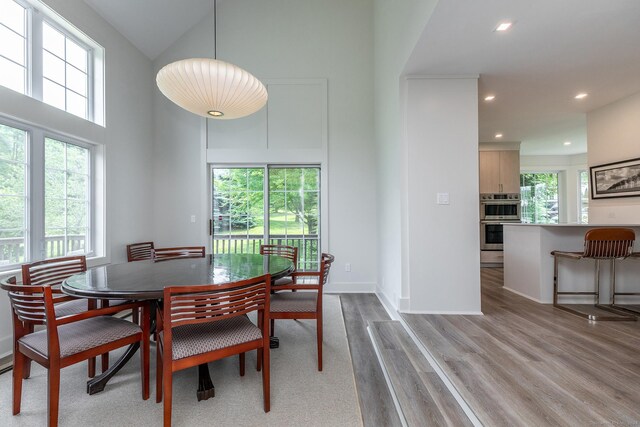 dining area with high vaulted ceiling and hardwood / wood-style floors