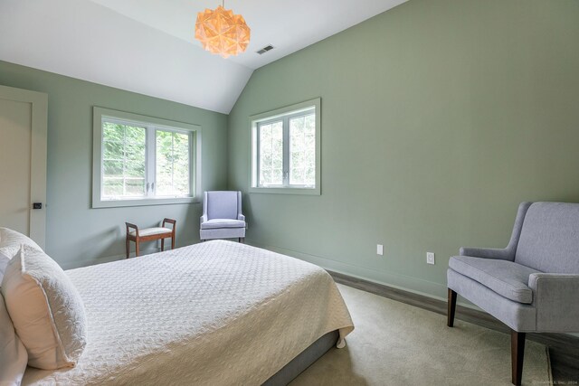 bedroom featuring lofted ceiling