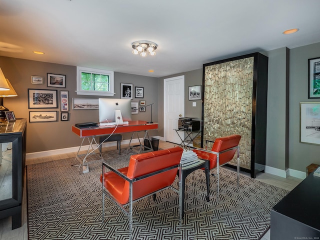 office featuring dark wood-style floors and baseboards