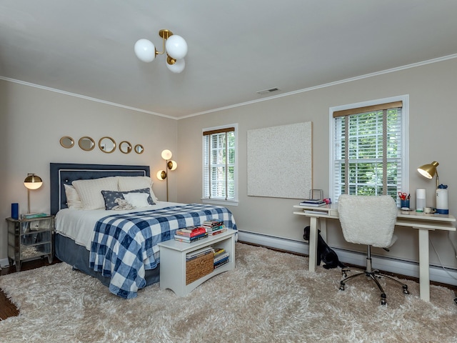 bedroom featuring multiple windows, visible vents, baseboard heating, and crown molding