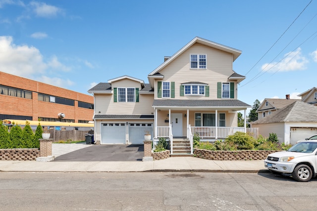 view of front property featuring a porch and a garage