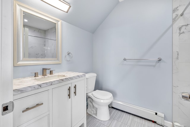 bathroom with lofted ceiling, toilet, vanity, tile patterned floors, and a baseboard radiator