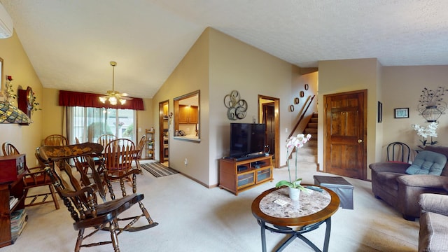 230 Unionville Ave, Plainville, CT 06062 - living room with stairs, carpet floors, lofted ceiling, a wall mounted air conditioner, and baseboards