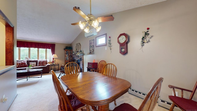 230 Unionville Ave, Plainville, CT 06062 - dining area featuring light colored carpet, a ceiling fan, baseboard heating, vaulted ceiling, and an AC wall unit