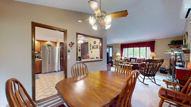 230 Unionville Ave, Plainville, CT 06062 - dining area featuring a ceiling fan, a wall mounted AC, light flooring, and vaulted ceiling