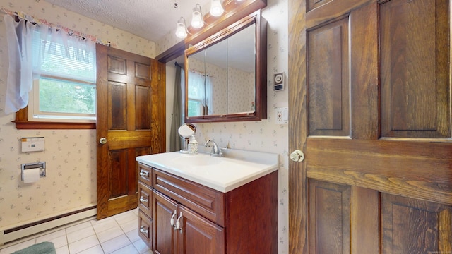 230 Unionville Ave, Plainville, CT 06062 - bathroom with wallpapered walls, baseboard heating, vanity, tile patterned floors, and baseboards